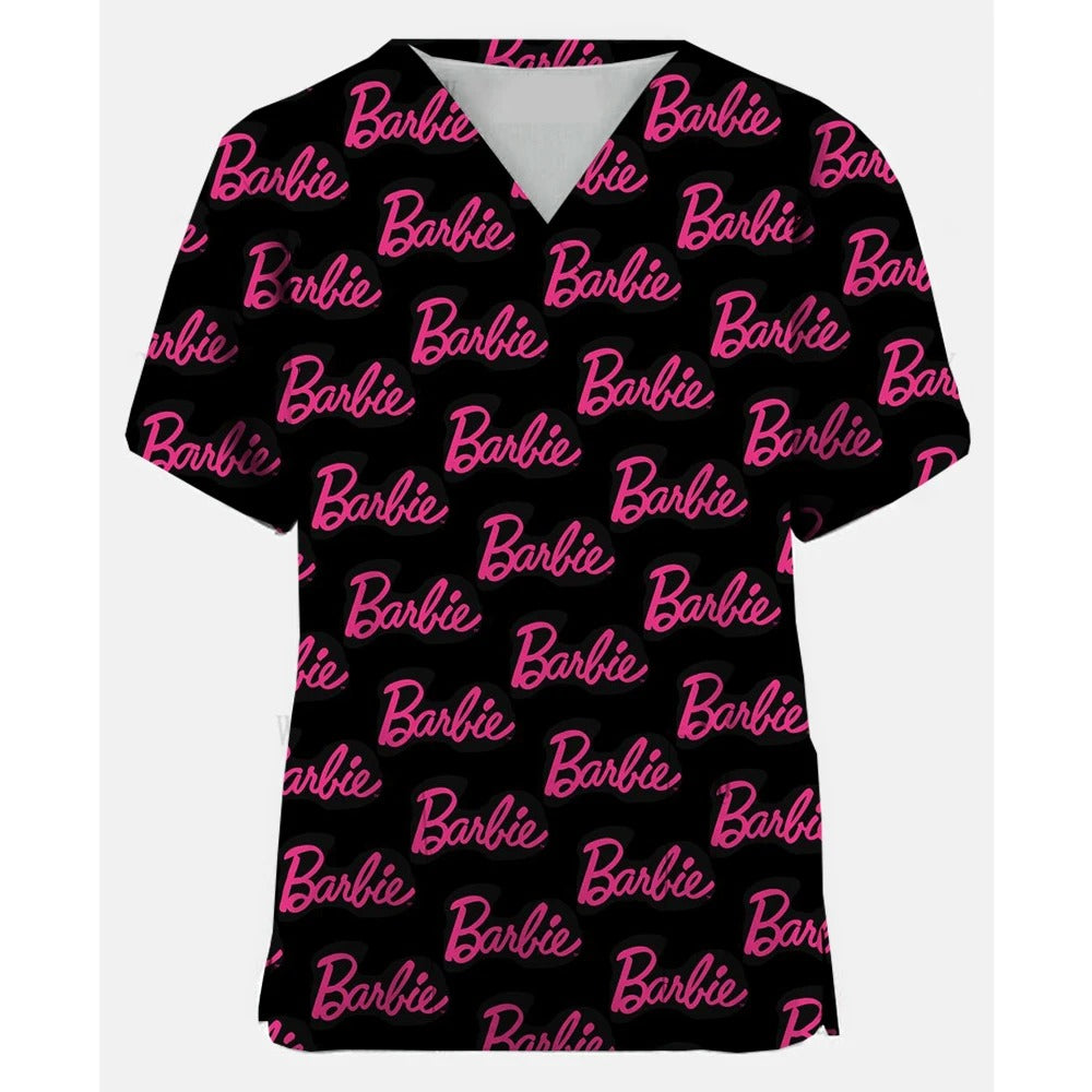 Women Medical Barbie Print Scrub Shirts Clinical V-neck Blouse Cartoon Pocket Scrubs