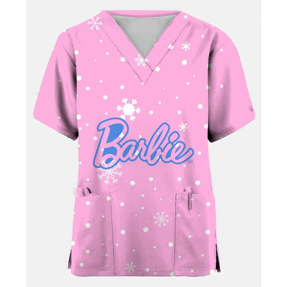 Women Medical Barbie Print Scrub Shirts Clinical V-neck Blouse Cartoon Pocket Scrubs