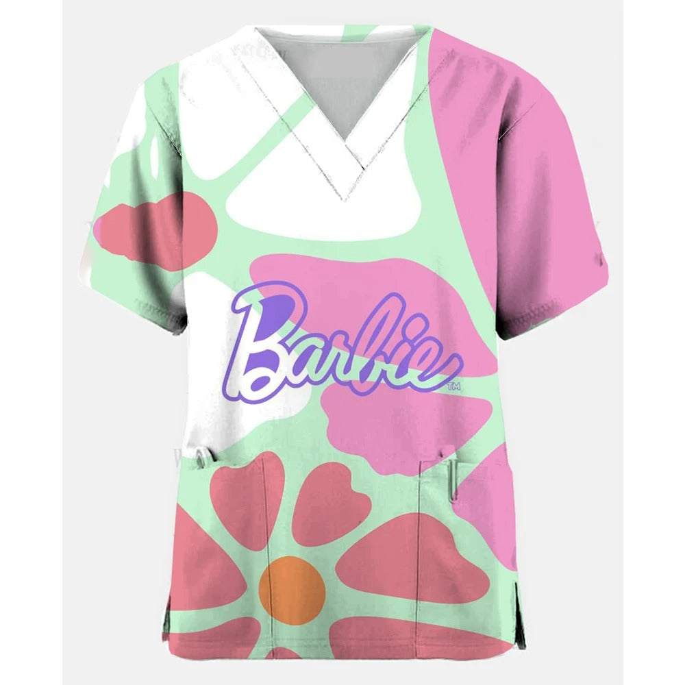 Women Medical Barbie Print Scrub Shirts Clinical V-neck Blouse Cartoon Pocket Scrubs