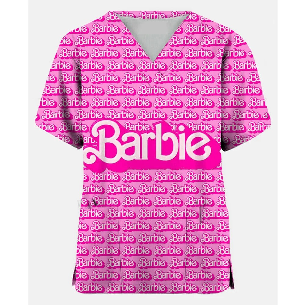 Women Medical Barbie Print Scrub Shirts Clinical V-neck Blouse Cartoon Pocket Scrubs
