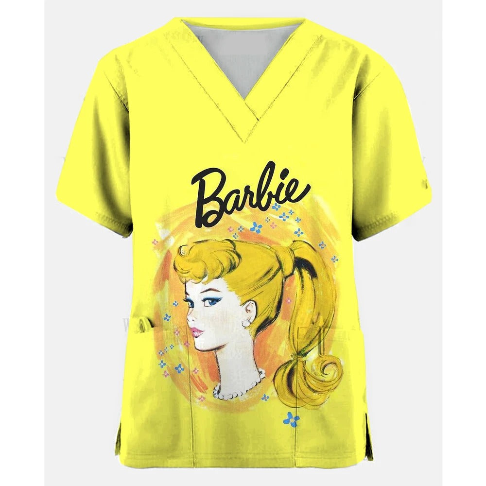 Women Medical Barbie Print Scrub Shirts Clinical V-neck Blouse Cartoon Pocket Scrubs
