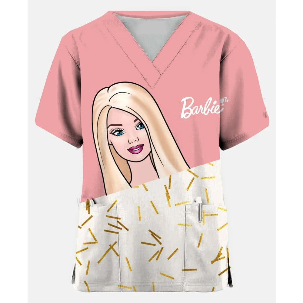 Women Medical Barbie Print Scrub Shirts Clinical V-neck Blouse Cartoon Pocket Scrubs