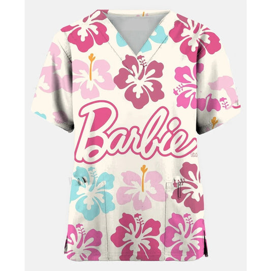 Women Medical Barbie Print Scrub Shirts Clinical V-neck Blouse Cartoon Pocket Scrubs