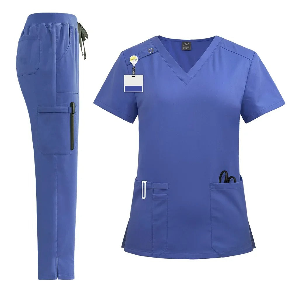 Nursing Scrubs Uniform Suit Short Sleeve V-neck Tops + Pants Sets