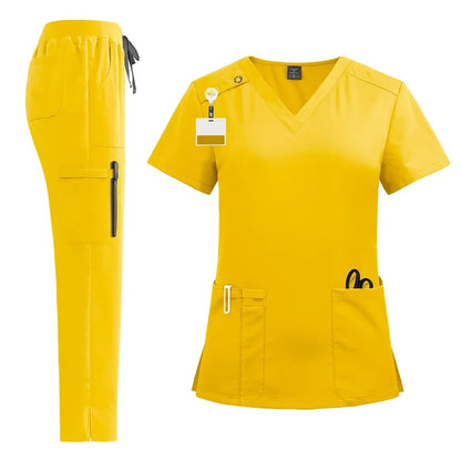 Nursing Scrubs Uniform Suit Short Sleeve V-neck Tops + Pants Sets