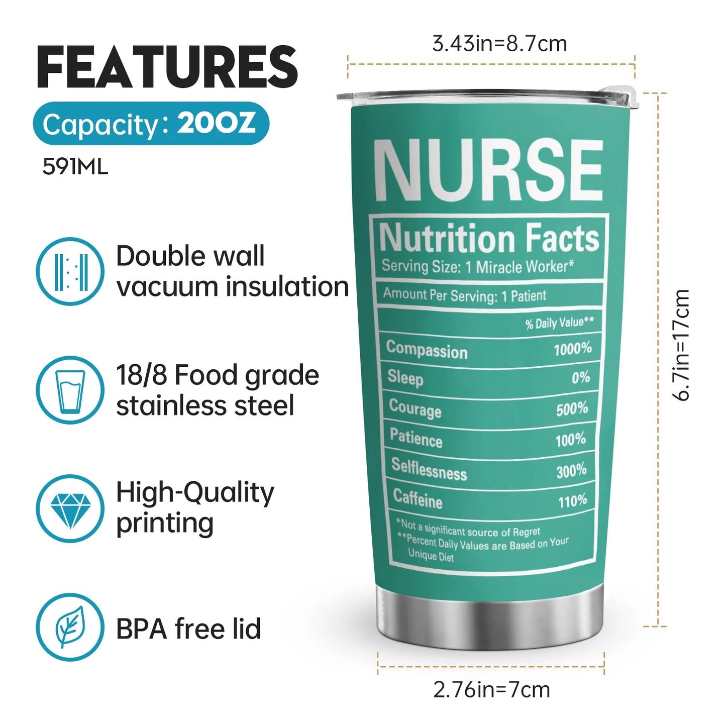 1pc 20oz Nurse Nutrition Facts Tumbler Stainless Steel Insulated Travel Coffee Cup