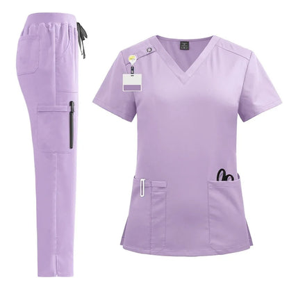 Nursing Scrubs Uniform Suit Short Sleeve V-neck Tops + Pants Sets