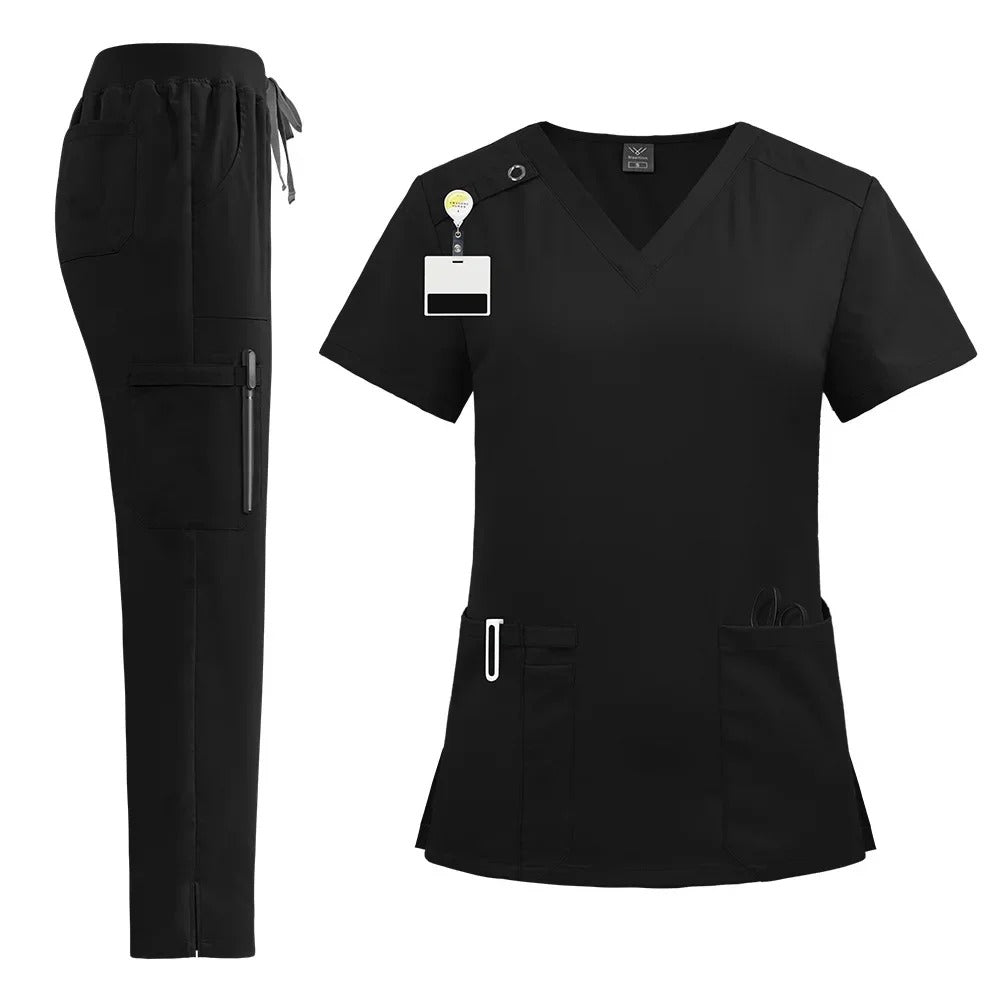 Nursing Scrubs Uniform Suit Short Sleeve V-neck Tops + Pants Sets