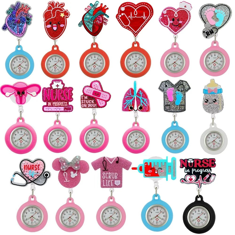 10pcs/Lot Cute Cartoon Shiny Nurse Doctor Pocket Watches Unisex Badge Reel